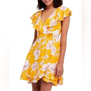 Free People French Quarter Floral Mini Wrap Dress in Yellow XS